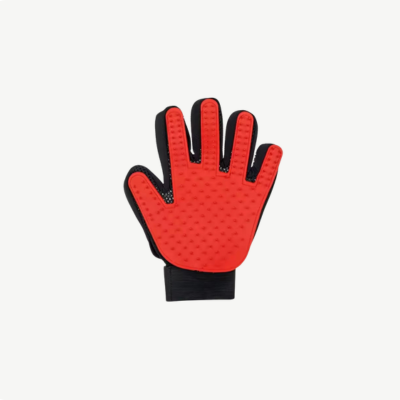 Gant de brossage anti-poils rouge pour chien et chat – main gauche